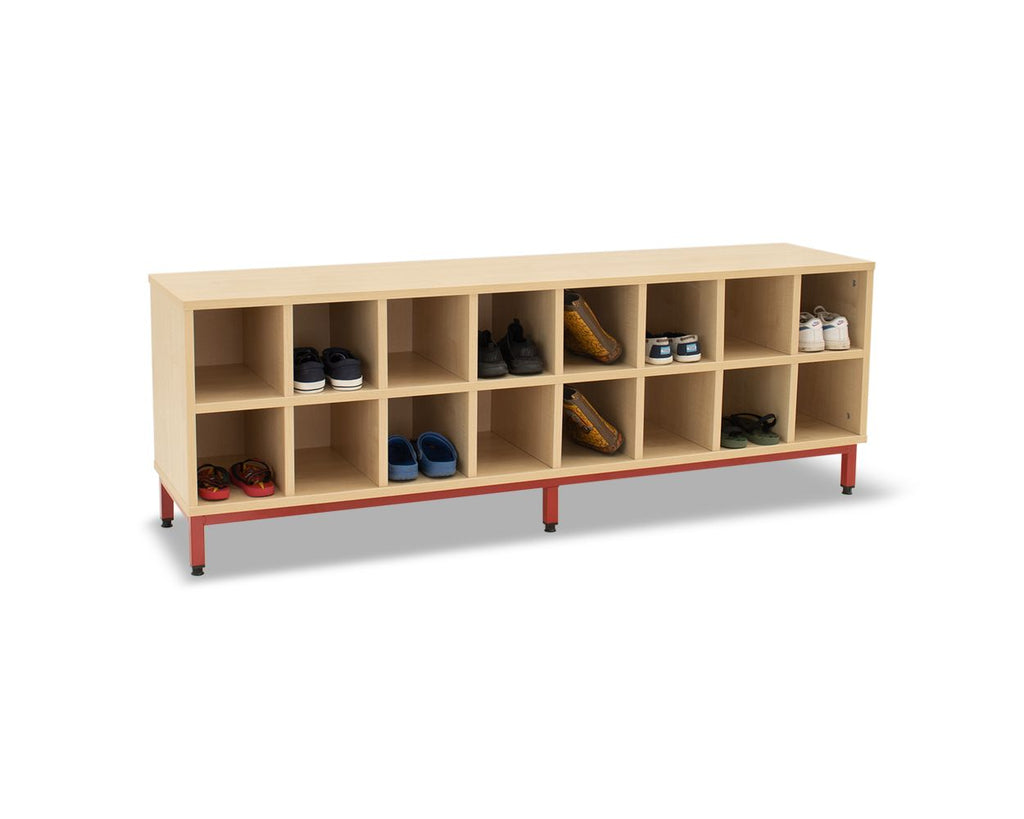 16 Compartment Bench-Cloakroom,Dropship,Nursery,Shelves,Storage,Wellbeing Furniture-Maple-Red-MAPCH006/Red-Learning SPACE