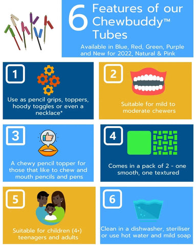 Chewbuddy Tubes - Pack of 8-Back To School,Calming & Anxiety,Chewing,Dyspraxia,Oral Motor & Chewing Skills,Stress Relief,Toys for Anxiety-Learning SPACE