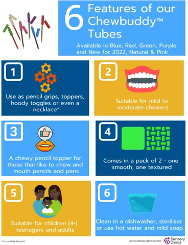 Chewbuddy™ Tubes - Chewable Pencil Topper-AllSensory,Autism,Calming & Anxiety,Dyspraxia,Early Years Literacy,Helps With,Learning Difficulties,Neuro Diversity,Oral Motor & Chewing Skills,Primary Literacy,Sensory Direct Toys and Equipment,Sensory Processing Disorder,Sensory Seeking,Stationery,Stock-Learning SPACE