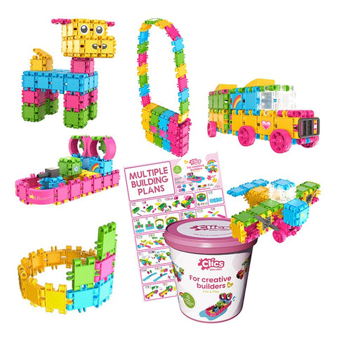 Clics Bucket – Glitter 175 Pcs + 8 Plans-Building Blocks,Fine Motor Skills,SCOTEXCEL,Tactile Toys & Books-Learning SPACE