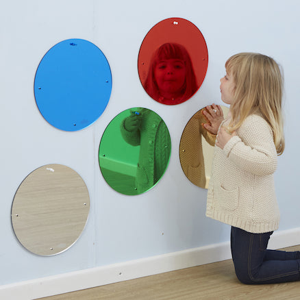 Coloured Circle Mirrors Small Diameter 30cm 5pk-AllSensory,Calming & Anxiety,Down Syndrome,Helps With,Playground Wall Art & Signs,Sensory Mirrors,Sensory Seeking,TTS Toys-Learning SPACE