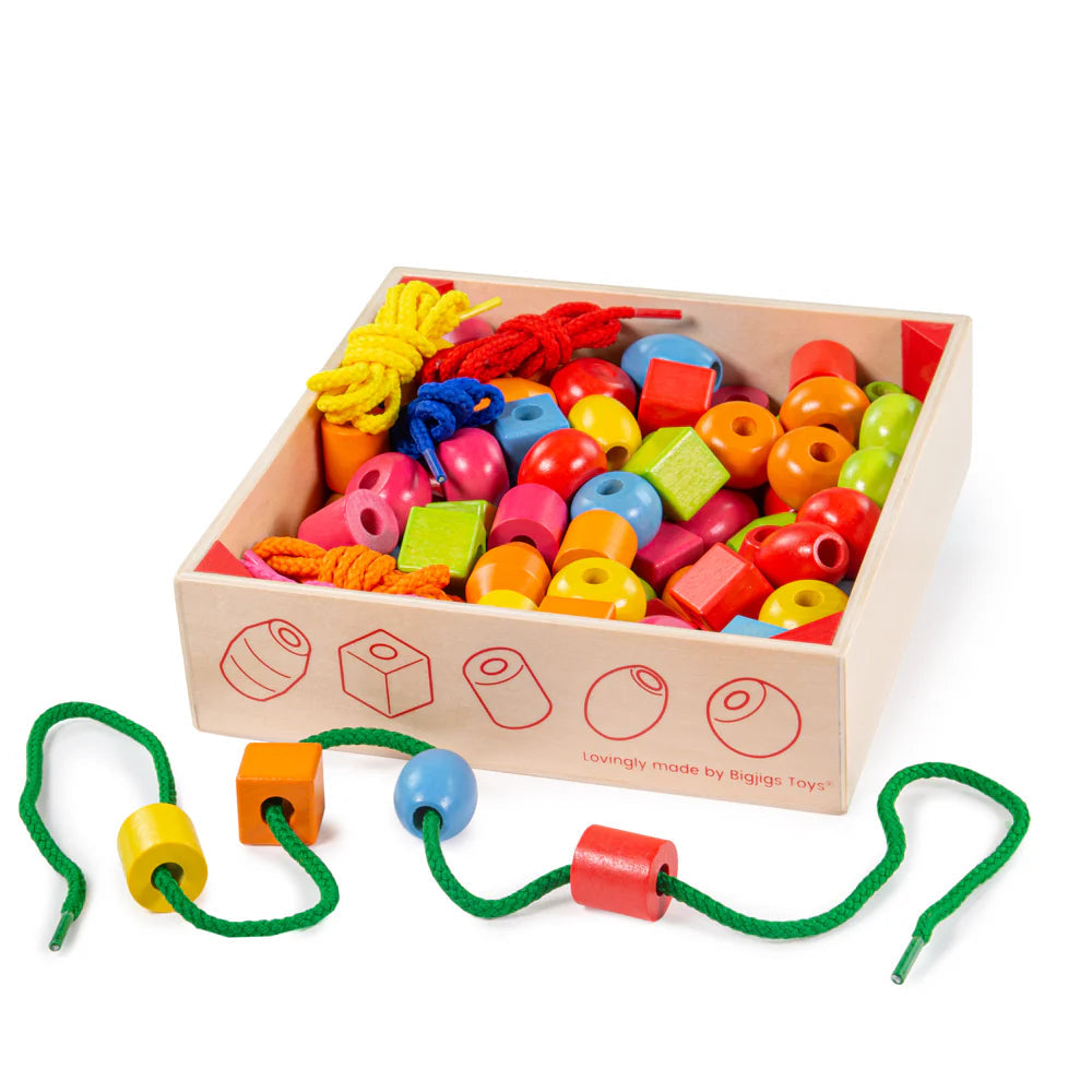 Crate of Lacing Beads - 90 Wooden Fine Motor Beads-Bigjigs Toys,Counting Numbers & Colour,Fine Motor Skills,Lacing,Maths Toys,Memory Pattern & Sequencing,SCOTEXCEL,Threading,Wooden Toys-Learning SPACE