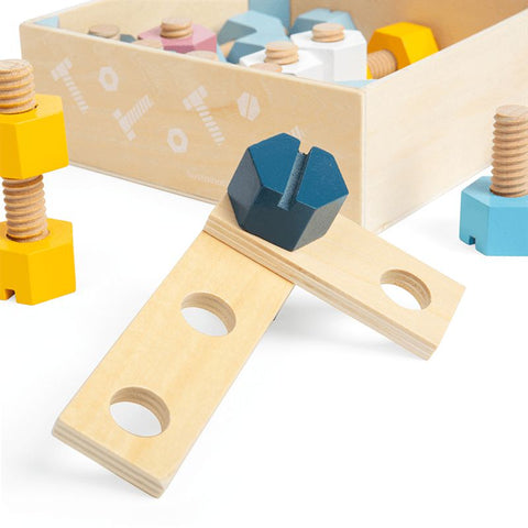 Crate of Wooden Nuts and Bolts-Bigjigs Toys, Eco Friendly, Engineering & Construction, S.T.E.M, Strength & Co-Ordination, Wooden Toys-Learning SPACE