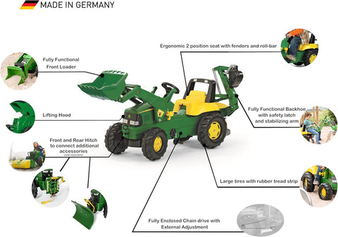 John Deere Toy Tractor With Frontloader & Rear Excavator-Dropship,Early Years. Ride On's. Bikes. Trikes,Farms & Construction,John Deere,Ride & Scoot,Ride Ons-Learning SPACE