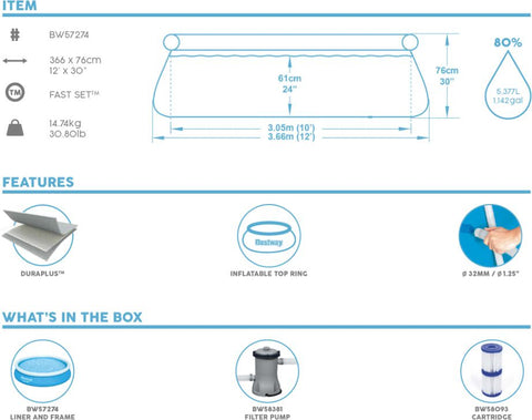 Large Fast Set Pool (12ft)-Pool, Water & Sand Toys-Bestway,Seasons,Stock,Summer,Swimming Pools-Learning SPACE