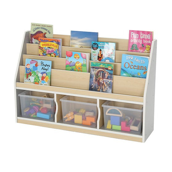 Modern Thrifty 3 Compartment Book Storage with 3 Clear Trays-Bookcases, Classroom Displays, Shelves, Storage, Storage Bins & Baskets, Wellbeing Furniture-Learning SPACE