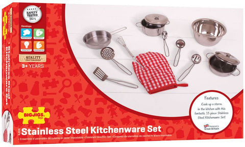 Play Kitchen - Stainless Steel Kitchenware Set-Bigjigs Toys,Calmer Classrooms,Gifts For 2-3 Years Old,Imaginative Play,Kitchens & Shops & School,Life Skills,Play Kitchen Accessories,Role Play,SCOTEXCEL,Stock-Learning SPACE