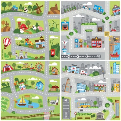 Small World Road Map Indoor/Outdoor Carpet Set of 4-Dropship,Kit For Kids,Mats & Rugs,Rugs,Small World,Square,Wellbeing Furniture-Set 1-MAT1226-Learning SPACE