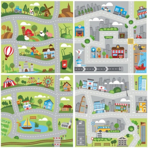 Small World Road Map Indoor/Outdoor Carpet Set of 4-Dropship,Kit For Kids,Mats & Rugs,Rugs,Small World,Square,Wellbeing Furniture-Set 1-MAT1226-Learning SPACE