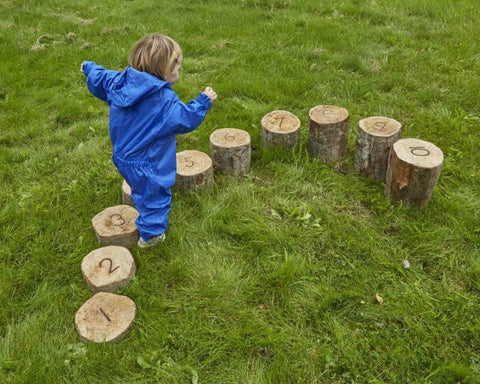 Wooden Number Logs Height Sorted Stepping Stones (10Pk)-Balancing Equipment,Cosy Direct,Cosy Outdoor,Discontinued,Forest School & Outdoor Garden Equipment,Garden Game,Gross Motor and Balance Skills,Proprioceptive,Sensory Garden,Stepping Stones-Learning SPACE
